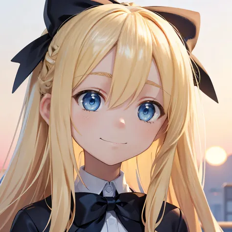 Blonde hair, long hair, white, short, woman, outside, blonde hair, light blue eyes, small mouth, happy, portrait, cheery, black hair bows, two hair bows, small hair bows, sunset, dusk, pretty eyes, beautiful eyes, head only, upper body, close up, light blu...