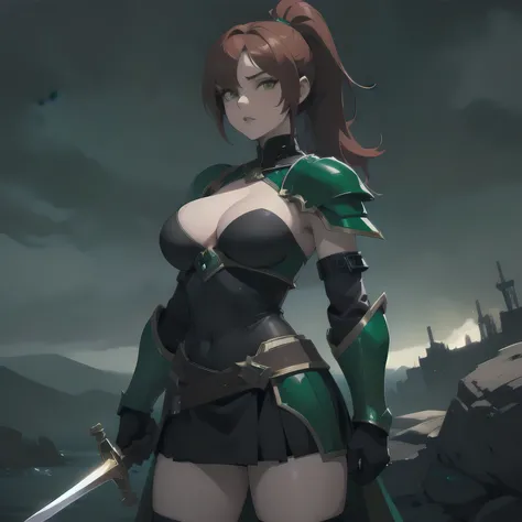 (masterpiece), expressive eyes, perfect face, 1girl, solo, knight girl, ponytail, hair over one eye, red hair BREAK ((emerald armor, green armor BREAK)) large breasts, Cleavage, black skirt BREAK yellow eyes BREAK holding a sword, gloves, standing, outdoor...