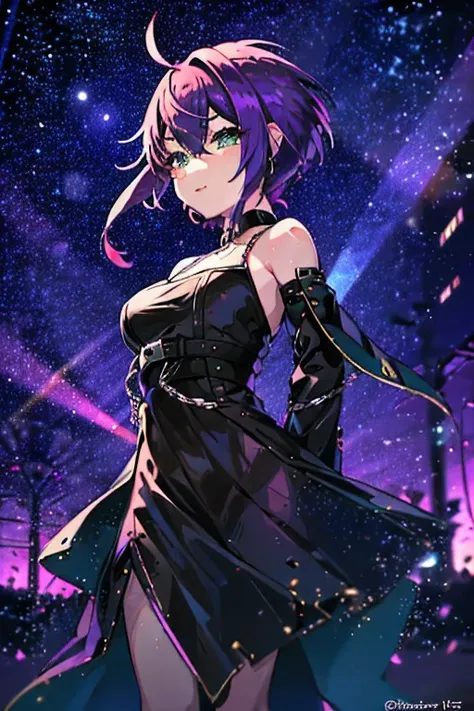 This is a high definition anime portrait (8k) featuring a girl with green eyes that stand out with prominent curves and a choker, looking directly at the camera. Her hair is a vibrant mix of red on the outside and violet on the inside., with patterns and a...