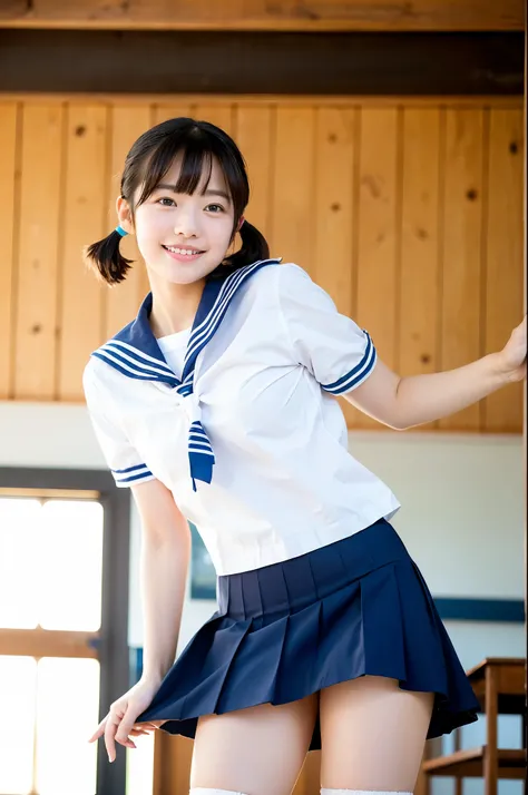 girl taking off blue skirt in sunny wooden school classroom,white sailor shirt,white thong,18-year-old,bangs,a little smile,thighs,knees,short hair with low pigtails bunches,from beside,front light