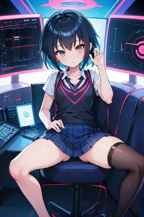 anime girl ,peni parker , looking disgusted , seios planos , sitting in an armchair in a booth , olographic panel olographic monitors ,olographic graphics , cyberpunk, control center de mecha ,blue light , pilotando , working with olographic panel, mini-sk...