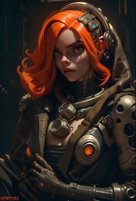A highly detailed and realistic skull girl,( Anya. Taylor Joy) cyberpunk character, mad max furiosa, one hand robot, cyborg arm, orange hair, dramatic metal heavy rock theme, best quality, 8k, hyperrealistic, photorealistic, extreme detailed painting, stud...