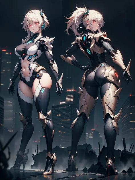 A mechanical girl of the future,gleaming metal,shimmering robotic movements,ethereal,Futuristic technology,advanced artificial intelligence,neon-lit cityscape,Metallic exoskeleton,highly detailed facial features,glowing LED eyes,meticulously crafted synthe...