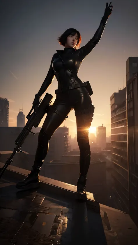 (Famous Paintings:1.2,Highest quality,Super detailed,Powerful backlight:1.3,silhouette:1.45),, , //character, 1 Solo Female Mercenary,Ghost in the Shell Motoko Kusanagi,One eye is glowing red:1.2,Expression: Murderous expression,Overlooking the city.Black ...