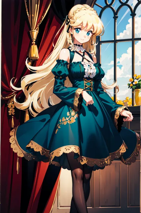 retro artstyle,, ultra detailed, masterpiece, best quality, aesthetic, detailed,, solo, soft smile, light smile,
1girl, blue eyes, very long hair, blonde hair, long blonde hair, french braid, bangs, medium breasts,, hair ribbon, frilled choker, criss-cross...