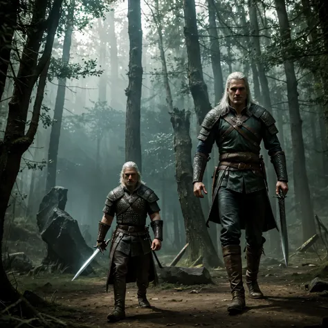 "Imagine the scene, where Geralt of Rivia finds himself in the heat of battle with monsters or enemies. Describe him with a sword in his hand, ready to fight, focused and lively. Include environmental details - maybe an enchanted forest, ruined castle or o...