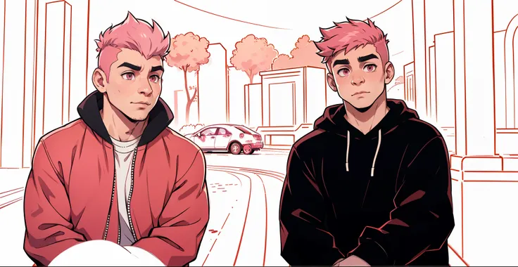 two boys with pink hair, pink eyes, they are 18 years old, in the background you can see the avenue with vehicles passing by.