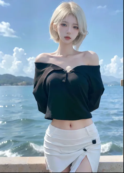 Beautiful woman with perfect figure:1.4，Ultra-high resolution，Put your hands behind your back，Ocean background，（Realism:1.4)，perspective，Layered hairstyle，White skin，JK:1.5，Super short pleated skirt，whole body：1.4，Very delicate and skin texture，Double eyel...