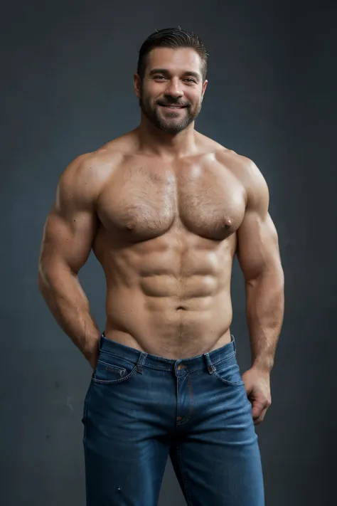 Award-winning original photoen, 30 years old man and wild muscular man, 40 years old, short beards, burly, hunk, (((shirtless))), smilling happil, detailed, lovely, ((full body)),  (((blue  jeans))) 