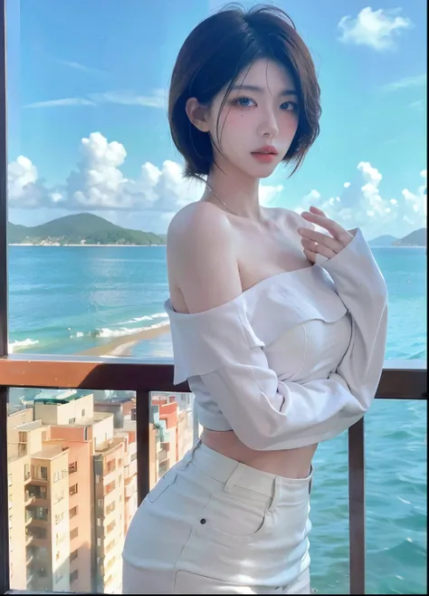 Beautiful woman with perfect figure:1.4，Ultra-high resolution，Put your hands behind your back，Ocean background，（Realism:1.4)，perspective，Layered hairstyle，Snow white skin，JK:1.5，Super short pleated skirt，whole body：1.4，Very delicate and skin texture，Double...