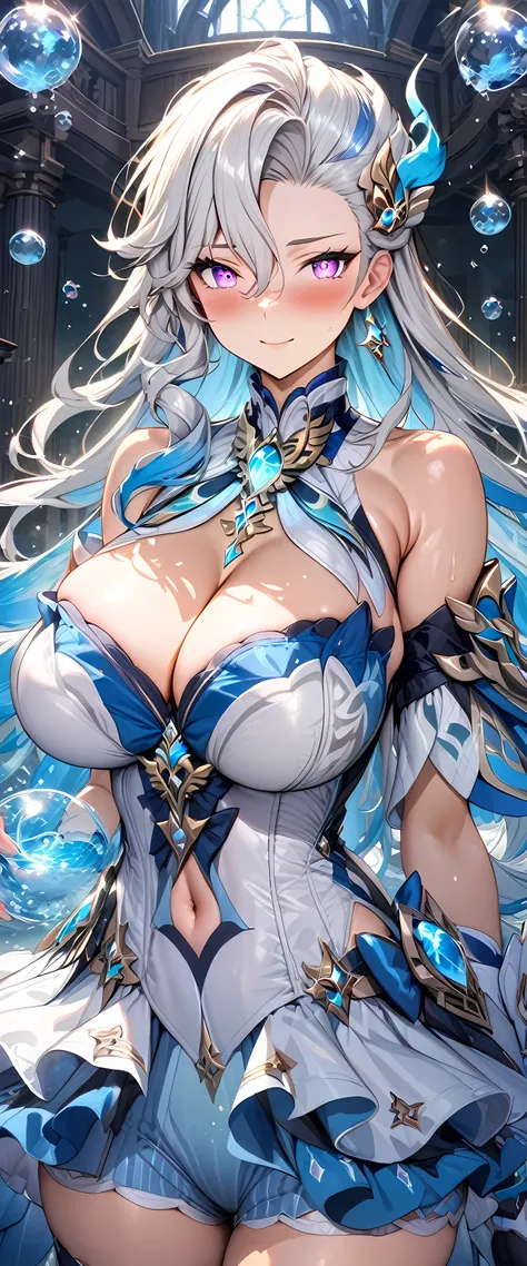 (masterpiece), best quality, expressive eyes, perfect face,1girl,neuvillette,genshin impact,courtroom,water bubbles in the air,giant water bubbles,shy smile,blush,cowboy shot,glowing eyes,big breasts,cleavage,long hair,sapphire gems,bare shoulders,(magical...