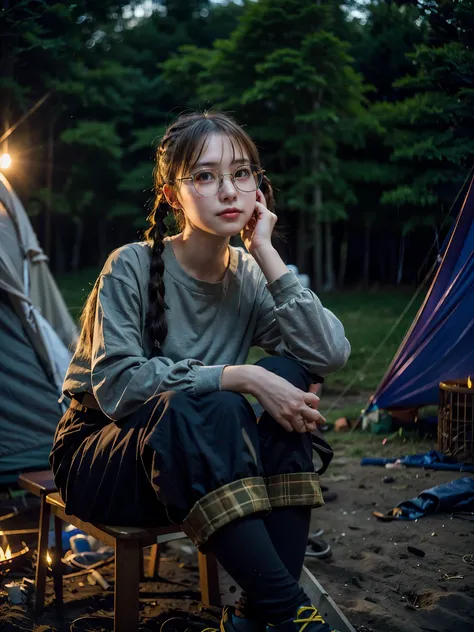 Top quality, 1 beautiful woman, ((Twintails)), wearing T-shirt, overall, glasses, sitting on chair, 50mm lens, f/1, bonfire, Moonlight, Moody Lighting, at camp site