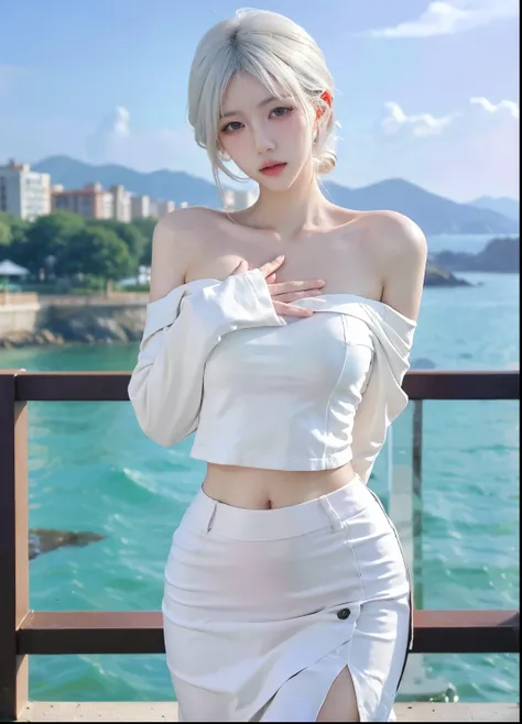 Beautiful woman with perfect figure:1.4，Ultra-high resolution，Put your hands behind your back，Ocean background，（Realism:1.4)，perspective，Layered hairstyle，Snow white skin，JK:1.5，Super short pleated skirt，whole body：1.4，Very delicate and skin texture，Double...