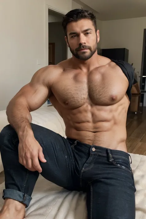 handsome mature man in his 50s,white man with a tanned complexion,(well-defined pecs and arm muscles),full body, facial hair styled into a neatly groomed beard,(intelligent and alluring eyes),a captivating, symmetric face with strong and defined facial fea...