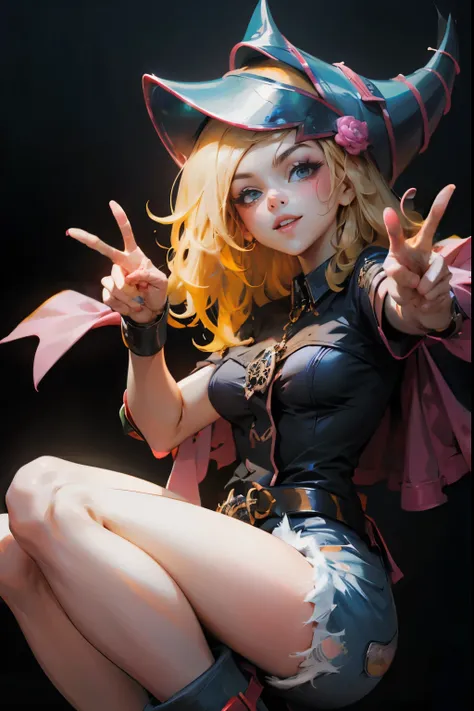 beautiful dark magician gils doing the peace and love sign with her fingers. she smiles in a sexy pose while making the peace si...