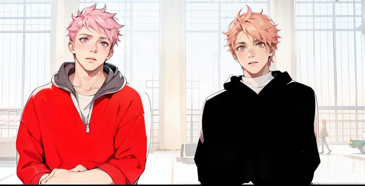 two boys with pink hair, pink eyes, they are 18 years old, in the background you can see the avenue with vehicles passing by.