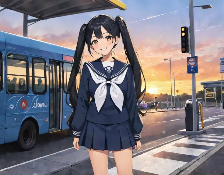 A beautiful girl with long black hair in twin tails, wearing a sailor uniform, smiling brightly, full body shot, waiting for a bus at a bus stop, bus visible in the background, beautiful sunset, detailed facial highlights