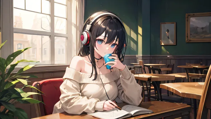 ((Highest quality)), ((masterpiece)), (detailed), One girl, Off-the-shoulder sweater, An antique café with large windows, a dark-haired girl studying with headphones on while drinking coffee, anime style, soft and soothing atmosphere,