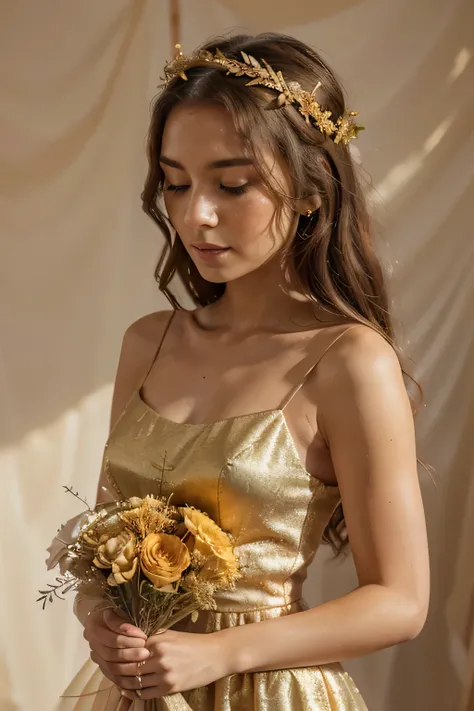 A full body shot of a whimsical  in an elegant, gold-tinted dress adorned with delicate floral details, wearing a decorative crown made of twigs and golden leaves, holding a small bouquet of dried flowers, in a minimalist studio setting with a soft beige b...