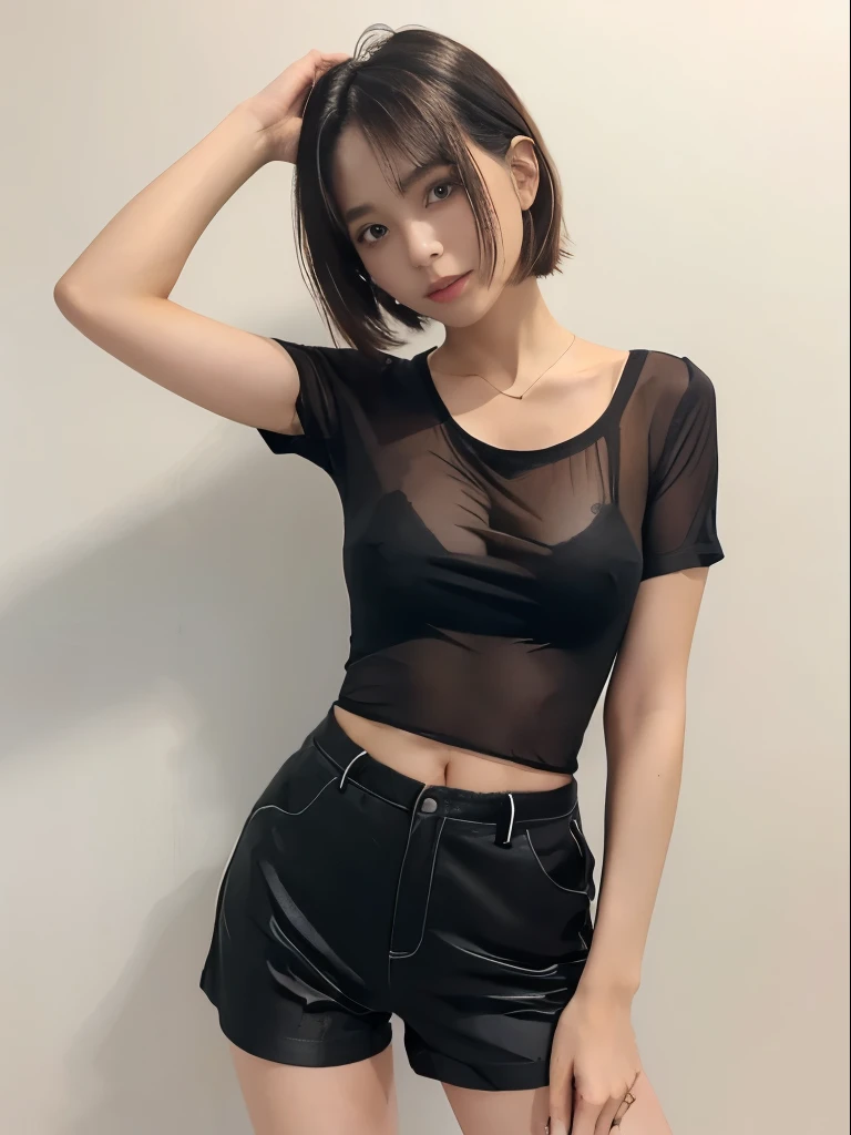 (high quality、high resolution、masterpiece、8K),30 years old、Japanese、woman、Beauty、cute、Medium Bob、Brown Hair、busty,(Wearing a black bra:1.4)、(Thin shirt of fabric、See-through shirt、Slightly see-through shirt、White shirt、Round neck shirt:1.6),(see-through br...