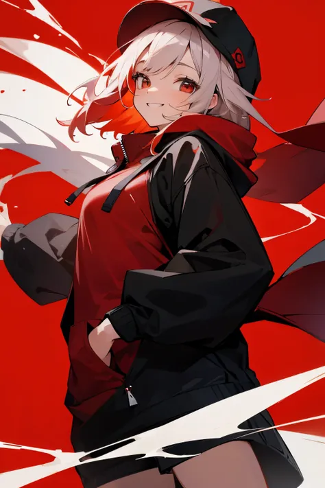 girl、front、smile、black and red hoodie、hat、Red background、Clothes are red、