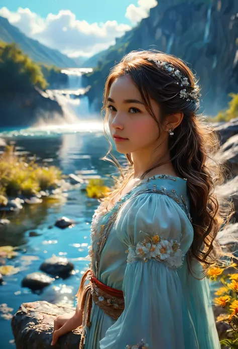 masterpiece, the highest quality, high quality, Very detailed CG unity 8k wallpaper, landscape, Outdoor, null, cloud, null, A cute girl is standing, Mountain, landscape, water, wood, blue null, waterfall, cliff, nature, lake, river , cloudy skies, Award-wi...