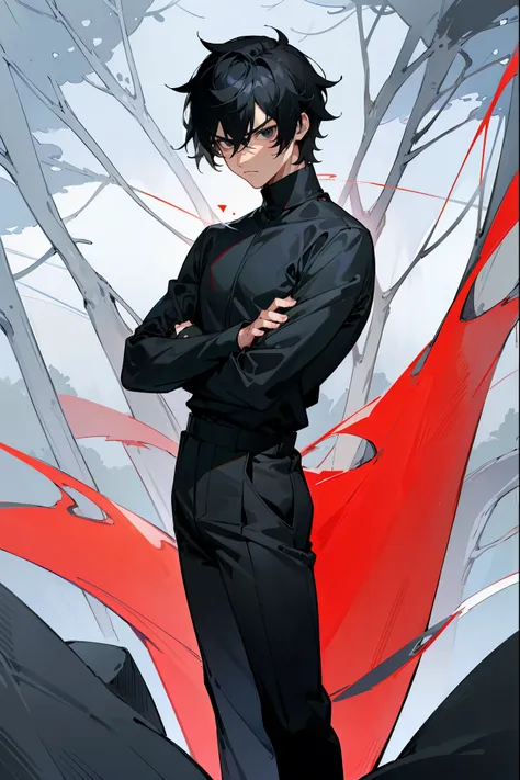 1male , black hair , black eyes , serious expression,  male , black longsleeve shirt, fitted clothing , black turtleneck , brigh...