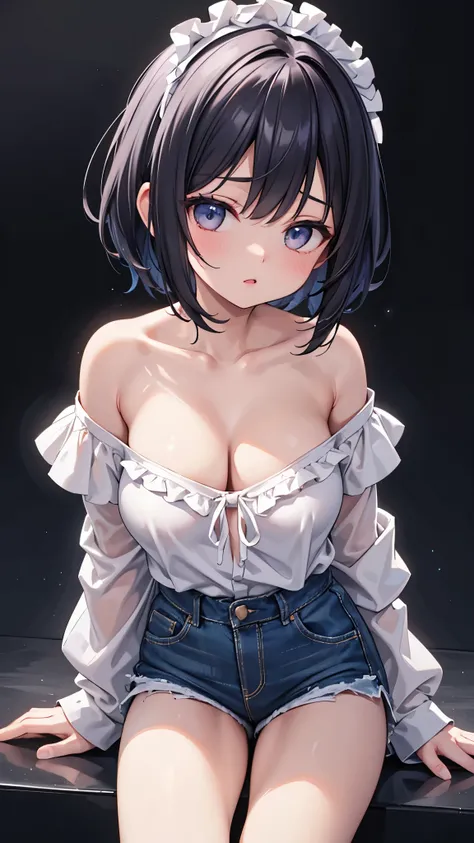 One Girl, (Chiquita:1.2), sarashina_hand, short hair, Black Hair,
(Close-up shot, Highest quality, High resolution, 4K, Detailed lighting, Shaders),Big Boobs 
(((White ruffled off-shoulder shirt))), Cleavage, ((Micro Denim Shorts)), Street background,