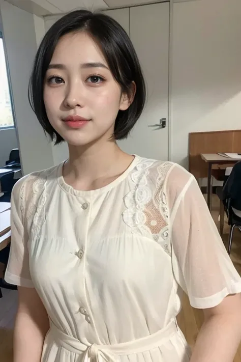 (photorealistic:1.2), 1 young female, (beautiful face:1.2), (freckled face, baby face, no makeup:1.3), break, (full body shot:1.5), break, indoor, classroom, (dynamic angle:1.1), from side, break, photo of young Japanese young female, (14 years old:1.4), d...