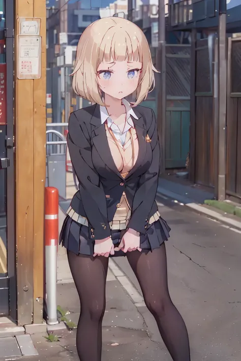 (8K、Highest quality、highest quality、masterpiece)、Detailed face、One girl、on the train、Touch the door with both hands、Press against chest、((ドアの窓ガラスにPress against chest1.4))、、short hair、、blunt bangs、Grey Eyes、、、((Blazer jacket uniform))、((Pleated skirt))、((No...
