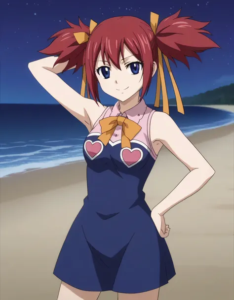 chelia_blendy, source_anime, rating_safe, intricate details, anime screencap, anime coloring, 1girl, solo,  red hair, blue eyes, ribbon, hair ribbon, twintails, short twintails, looking at viewer, solo, contrapposto, spread armpit, arm behind head, hand on...