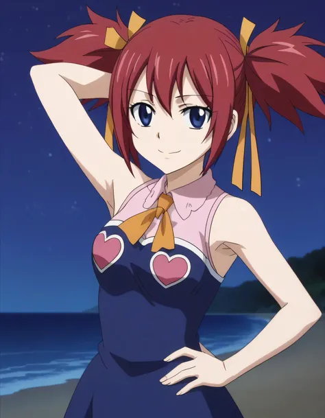 chelia_blendy, source_anime, rating_safe, intricate details, anime screencap, anime coloring, 1girl, solo,  red hair, blue eyes, ribbon, hair ribbon, twintails, short twintails, looking at viewer, solo, contrapposto, spread armpit, arm behind head, hand on...