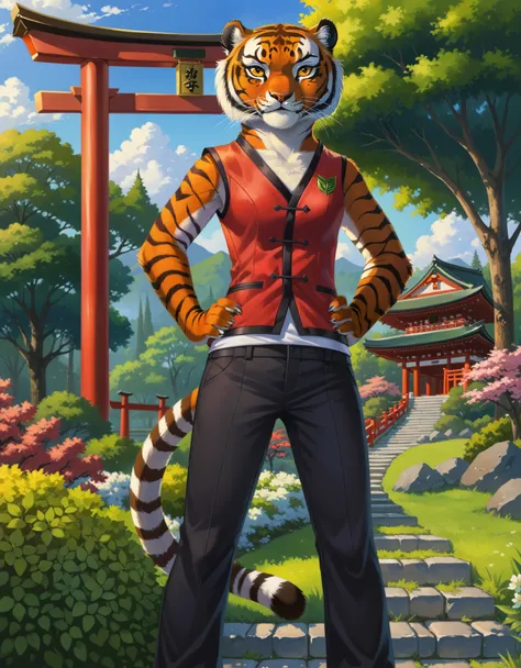 score_9, score_8_up, score_7_up, source_furry, 1girl, Master tigress, furry, tiger, small breasts, red vest, black pants, tail, looking at viewer, serious, standing, hands on hips, outside, garden, red torii, trees, blue sky,  