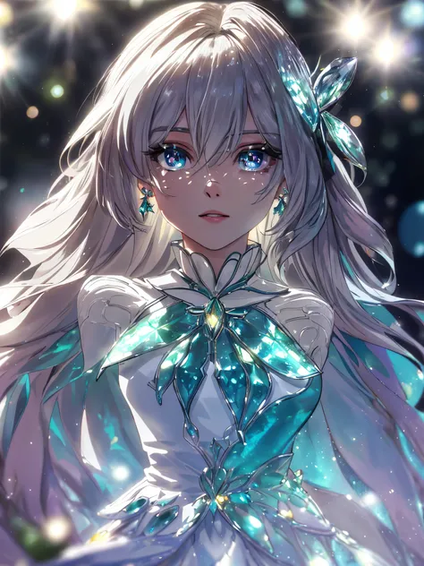 masterpiece, highest quality, figure, alexandrite eyes and hair, platinum earrings, Platinum Necklace, white dress, The Little Mermaid, cute, (dynamic lighting:1.2), cinematic lighting, delicate features, fine eyes, sharp pupils, realistic student, Depth o...