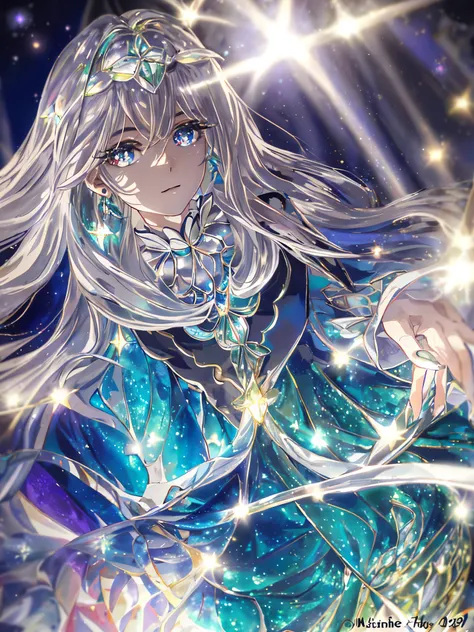 masterpiece, highest quality, figure, alexandrite eyes and hair, platinum earrings, Platinum Necklace, white dress, The Little Mermaid, cute, (dynamic lighting:1.2), cinematic lighting, delicate features, fine eyes, sharp pupils, realistic student, Depth o...