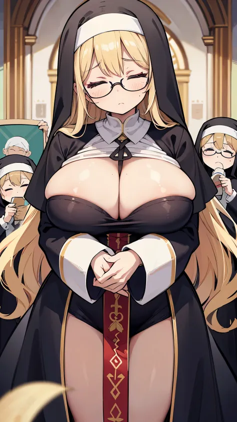 Nuns、Huge 、Beautiful breasts、Toned body、big round glasses、((Narrow eyes、Closed eyes))、Long Hair、Wavy blonde hair、freckle、italian town