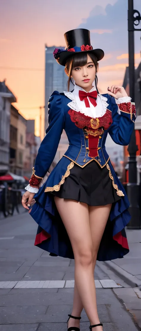 Tall cute idol magician girl、whole body、Good style、、、、、、、、、、Tanned thick legs、、Red and blue steampunk magician uniform（Skull and rose embroidery）、Neat and clean idol face、Glowing、City of night