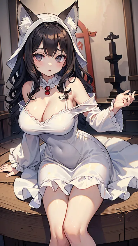 Highest quality、Best image quality、masterpiece、(((18 year old fox girl、Large Bust、Beautiful dark eyes、Short wavy black hair))、(((White dress one piece)))、Large Breasts、Sexy Body、Cleavage、((Shrine grounds))、juicy thighs