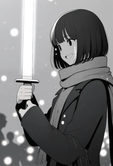 masterpiece, best quality, 1girl, mamerakkkkko, grayscale, manga style, japanese, chi no wadachi, black eyes, street, iced, black hair, schoolbag, smile, lineart, black coat, black scarf, black pleated skirt, leggings, centered, 18 years old, tall, fair sk...