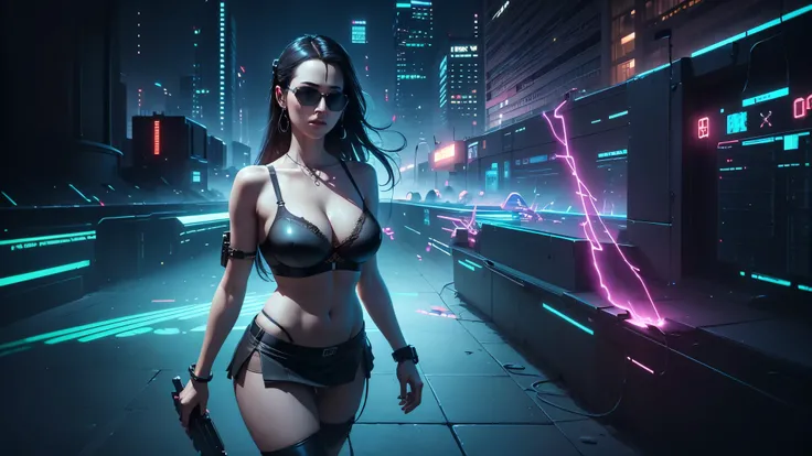 20-year old large-breast woman with cleavage:1.4, 1woman, solo, 3D neon art of a womans body, (with low angle view), (((((matrix style black micro sunglasses, black bra and very short black miniskirt, white G-string panty))))), (((aiming with a short gun))...