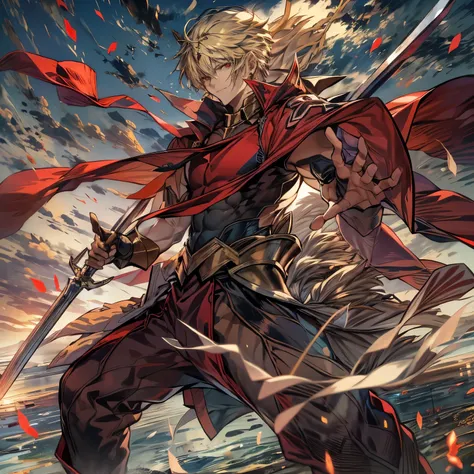 8k, mouthpiece, ((one beautiful man)),((fate stay night drawing)), gilgamesh male solo, emperor, whole body, fighting on a desol...