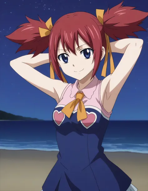 chelia_blendy, source_anime, rating_safe, intricate details, anime screencap, anime coloring, 1girl, solo,  red hair, blue eyes, ribbon, hair ribbon, twintails, short twintails, looking at viewer, solo, contrapposto, spread armpit, arms behind head, smile,...
