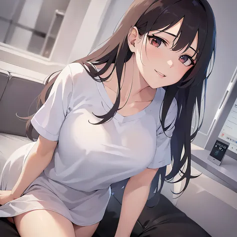 leaning forward, hand on own knee, Upper Body, Realistic, real person, (pale skin: 1.2), RAW photo, photorealistic, shiny skin, shiny hair、(A 25-year-old woman with medium-length hair and bangs) and (wavy hair) and (brown hair) and (Orange Eyes) , Wearing ...