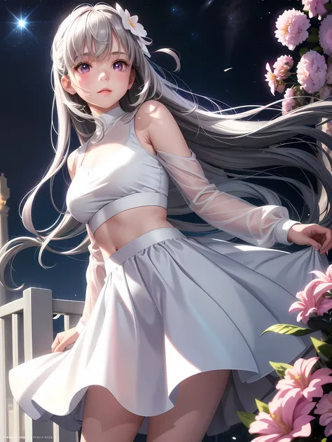 Realistic, One girl, Gray Hair, Purple eyes, Glowing Eyes, Crop top, skirt, Part your lips, blush, night, Flowers, sun, sunlight, white skirt, short skirt, Medium length hair, Genuine, Warm colors, White short dress, White clothes, Light background color, ...