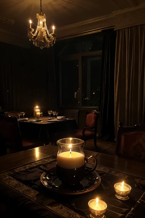 In the middle of the night, rain and lightning, a large window，in the Victorian room, a room full of candles on the table, the tables were set, brown tea balloon、lots of flowers、tea cup on the table、velvet curtain、black sticky rice