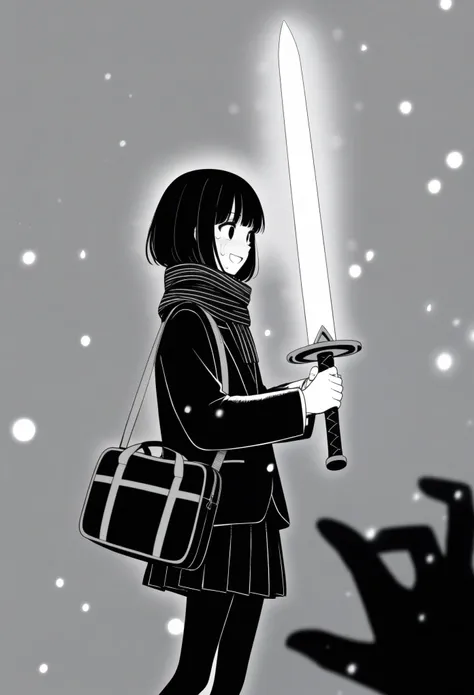 masterpiece, best quality, 1girl, mamerakkkkko, grayscale, manga style, japanese, chi no wadachi, black eyes, street, iced, black hair, schoolbag, smile, lineart, black coat, black scarf, black pleated skirt, leggings, centered, 18 years old, tall, fair sk...