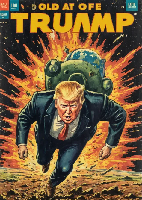 Vintage comic book cover illustration of old and fat Donald Trump exiting manically over the earth exploding, vintage dirt, dirt of aging, 