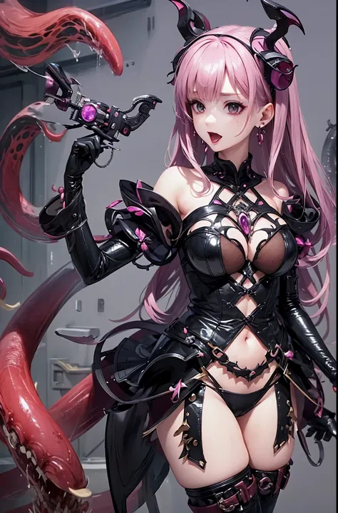 ((best quality)), ((highly detailed)), masterpiece, Succubus-style magical girl. Tentacles growing from her body. Tentacles with a mouth.