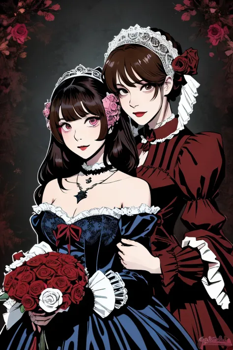 Beautiful Hardcore Illustration Homepage Illustration Style, Dark, High resolution, Hard-touch illustration, strong contours, Two girls, Gothic & Lolita style, Gothic & Lolita Fashion, 8K, American comic book style, Colorful background, Hiroyuki Nagasaka, ...