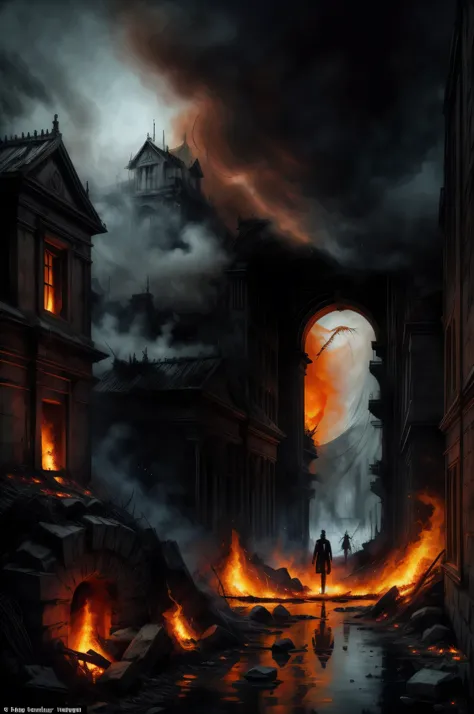 In the depths of the flames, A dark and mysterious world unfolds, A figure lingers there., Lost in a mysterious dreamscape of ancient city walls Surreal